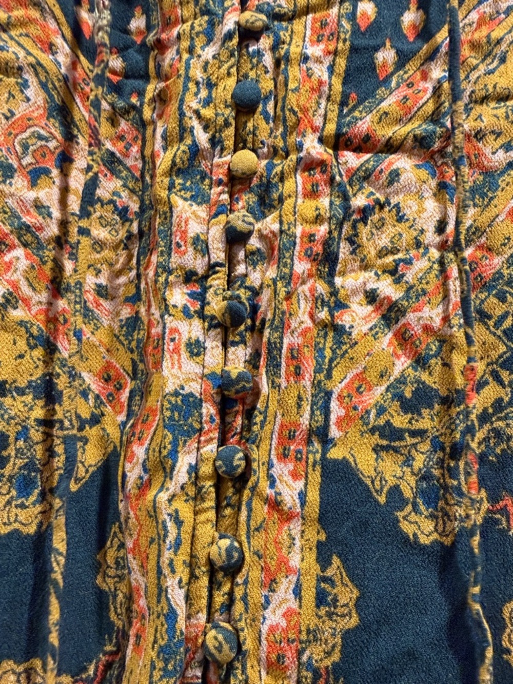 Free People Navy and Mustard Boho Printed Peasant Blouse - Picture 3 of 7